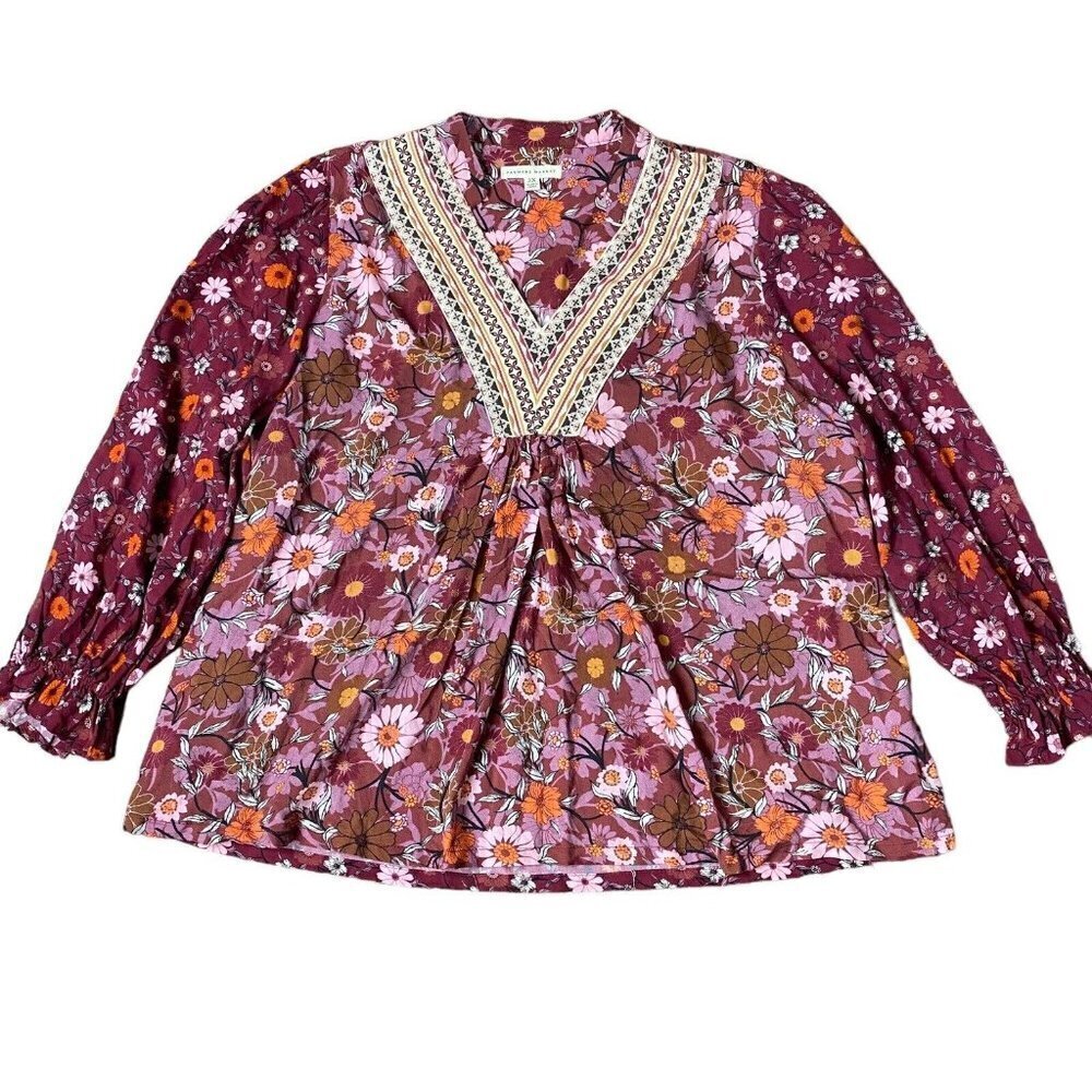 Farmers Market Top Boho 70s Floral Long Sleeve Peasant V Neck